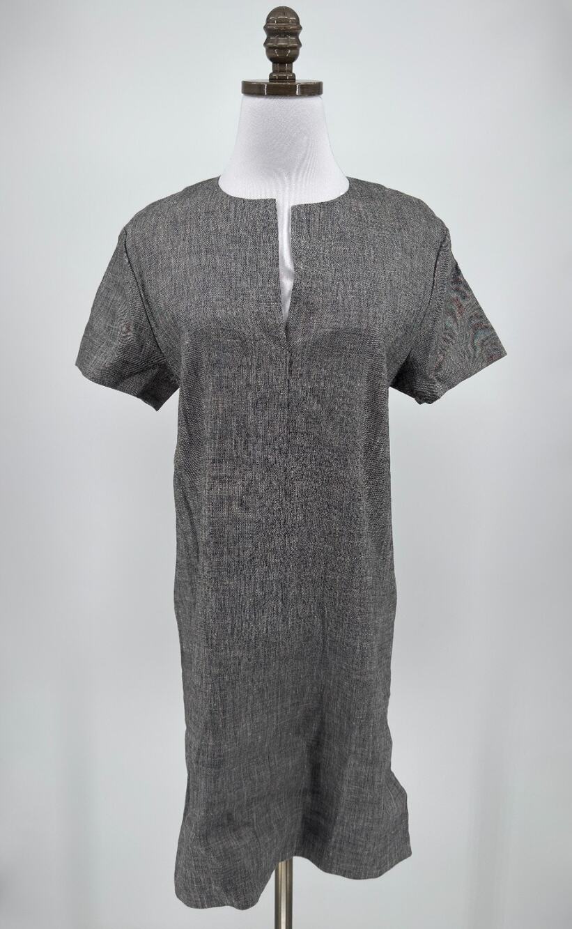 Theory Sharkskin Crunch Black Ivory Linen Short Sleeve Shift Dress Sz S NEW